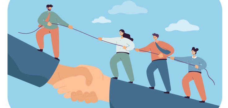 Business team climbing giant handshake with support of leader. Flat vector illustration. Cooperation of employees striving for success and career achievements. Leadership, teamwork, growth concept